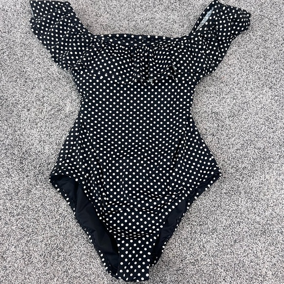 NWT! J.Crew Black White Polka Dots Ruffle Top Plunge Back Swimsuit Size US 10 - Picture 3 of 13
